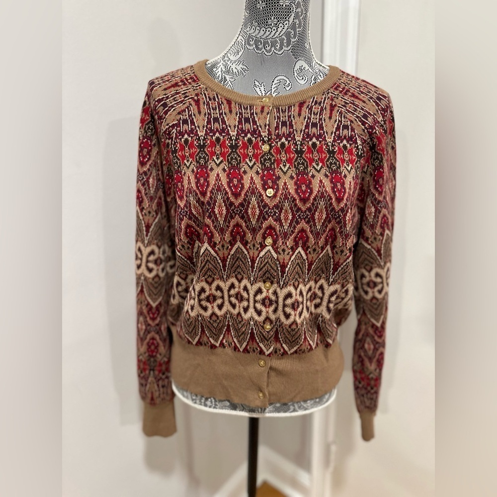 George Sz:XL Tan Red gold Shimmer Abstract Paisley Full Button Winter Cardigan.